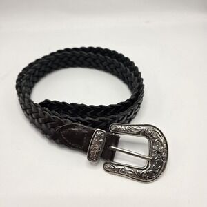 Y2K Brown Braided Leather Rustic Western Boho Belt Silver Floral Buckle